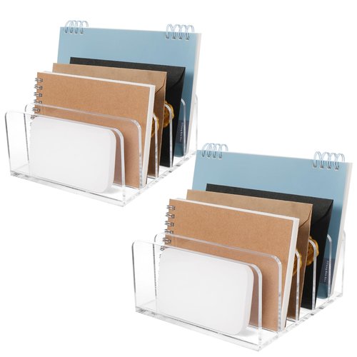 Acrylic Mail Organizer File Holder for Desk 2 PCS, 5 Compartments Clear Desktop Vertical Letter Sorter for Envelopes, Bill, Document, Notebook,Countertop Folder for Office, Home & School