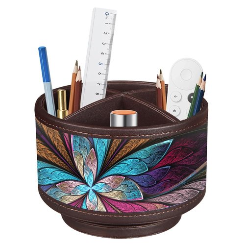 Rotating Pen Holder for Desk, Leather Pencil Pen Organizer Remote Control Holder Table Desktop Nightstand Organizer Caddy Storage, Office Desk Organizers And Accessories 5.5x5.5x4.0 Inch