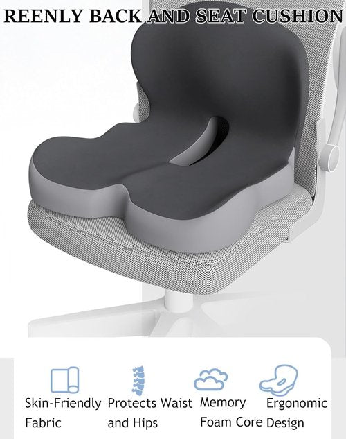 Memory Foam L-Shaped Integrated Seat Cushions, Non Slip Seat with Back Lumbar Support (Black)