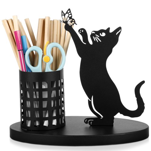 Tandefio Cat Pen Holder for Desk Cute Black Cat Pencil Holder Metal Desk Accessories Organizer Makeup Brush Pen Cups for Office Home Decor Table Centerpiece Lover Gifts Women