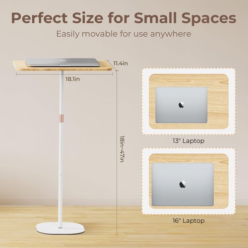 POLESTO Portable Laptop Floor Stand, Bedside/Sofa Table with Height Adjustable 18''~47'', Stylish Movable Workstation Floor Standing Desk for Office, Meeting Room, Living Room Easy Assembly, White