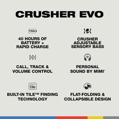 Skullcandy Crusher Evo Wireless Bluetooth Headphones with Multi-Sensory Bass and Charging Cable, Noise Isolating Over-Ear Fit, Up to 40 Hours Battery, Microphone for iPhone Android - True Black