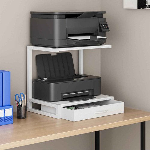 YAOHUOO 2-Tier Desktop Printer Stand with Fabric Drawer, Prtiner Table with Storage Shelf, Desk Organizer for Home Office,3D Printer,Fax Machine,Scanner, 17.3"x11.8" White