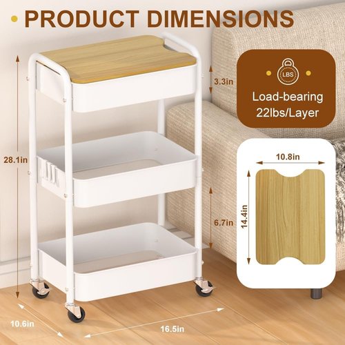 HIDODO 3 Tier Metal Utility Cart, Rolling Storage Cart with Wooden Tabletop, Metal Organizer Cart with Lockable Wheels for Office, Bedroom, Kitchen and Living Room (White)