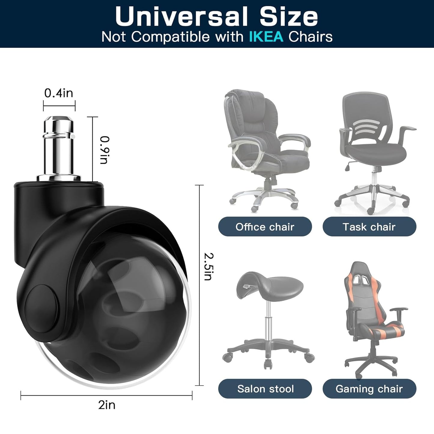 Skiennix Office Chair Replacement Wheels - Quiet & Smooth Gliding - 2-Inch Heavy Duty Casters, Supports 2000 Lbs, Universal Fit for All Floors, Set of 4 (Premium Black)
