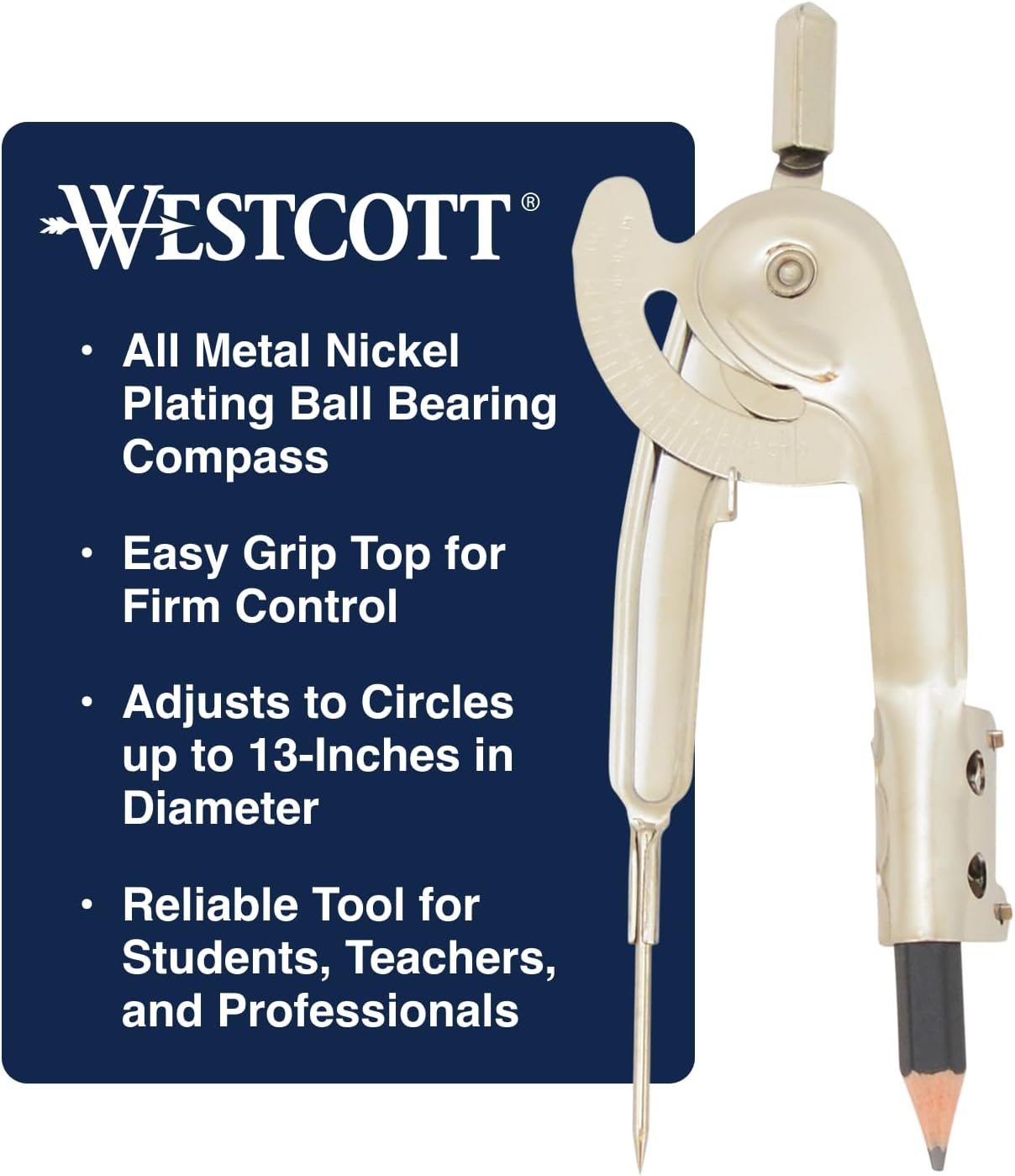 Westcott Nickel-Plated Ball Bearing Compass - Professional Drawing Tool for Circles Up to 13 Inches