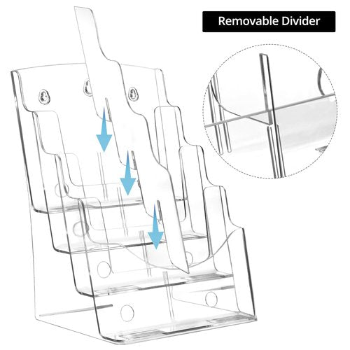 QWORK 2 Pack Acrylic Brochure Holder, 8.5 x 11 inch 4-Tier Literature Pamphlet Flyer Holder, Magazine Booklet Organizer Stand with Removable Divider