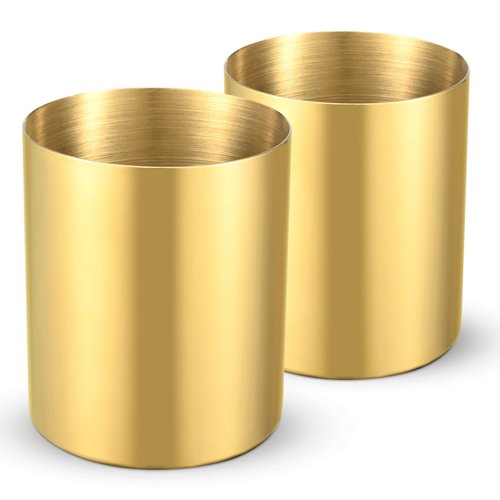 Bidponds 2 Packs Gold Round Stainless Steel Pen Holder,Desktop Stationery Organizer,Vacuum Plating Makeup Brush Holder