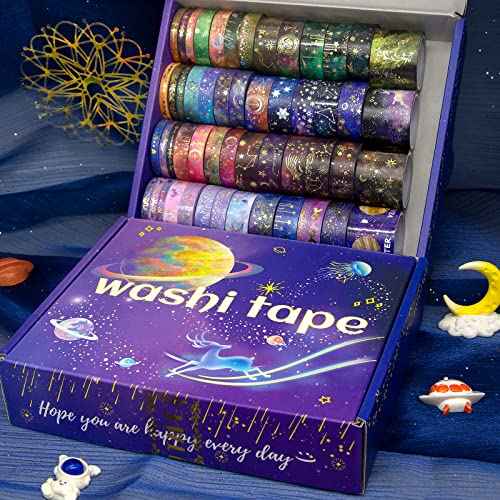 52 Rolls Washi Tape Set, Gold Foil Galaxy Washi Tape for Journaling Supplies, 4 Size Washi Tapes for Scrapbooking, DIY Journal Set, Craft, Gift Wrapping, Painting