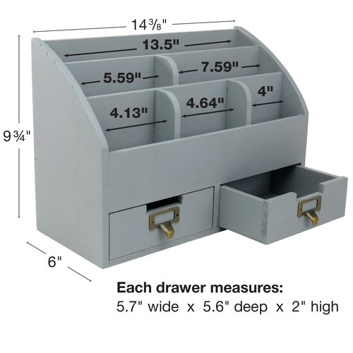 Wood Desk Organizer, 6 Compartments 2 Drawer Supplies Rack - Solid Gray