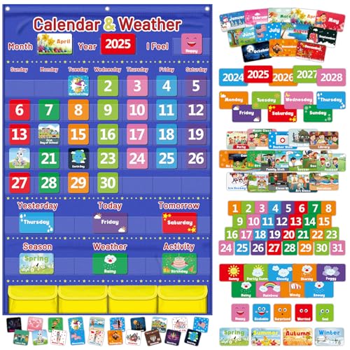 Blue Classroom Calendar Pocket Chart for Kids - Monthly Weather Seasons Learning Chart with 113 Cards | Teacher Must Haves for Kindergarten, Preschool, Homeschool | Interactive Educational Wall Chart