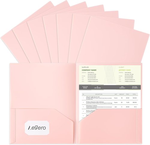 Aegero Plastic Folders - Durable 2-Pocket File Folders with Business Card Slot | 7 Pack, Sakura Pink