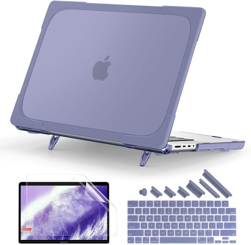 Batianda Heavy Duty MacBook Pro Case - Ergonomic Foldable Kickstand | 14 Inch Matte Translucent Lavender Grey