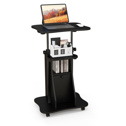 Giantex Mobile Podium Stand, Sit-to-Stand Laptop Cart with Tilting Tabletop & Storage Cabinet, Lockable Casters, Height-Adjustable Rolling Lectern for Classroom, Church, Home Office (Black, 1 Pack)