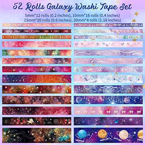 52 Rolls Washi Tape Set, Gold Foil Galaxy Washi Tape for Journaling Supplies, 4 Size Washi Tapes for Scrapbooking, DIY Journal Set, Craft, Gift Wrapping, Painting