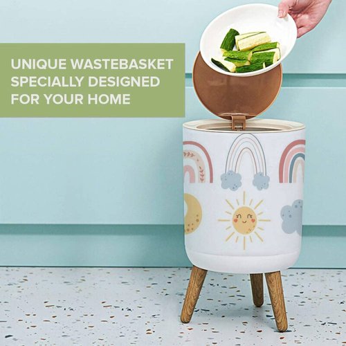 Small Trash Can with Lid Boho Rainbow Pastel spring kids clipart set moon and sun baby design Garbage Bin Round Waste Bin Press Cover Dog Proof Wastebasket for Kitchen Bathroom Living Room 1.8 Gallon