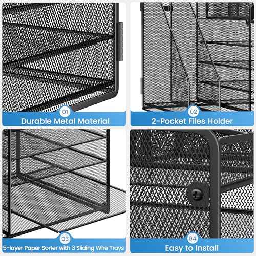 Lavatino Desk Organizer, 5-Tier Metal Mesh Paper Letter Tray with 2 File Holders & 7 Flexible Dividers for Office or Home Desk Organizers and Accessories, Keep Workspace Supplies Neat, Black