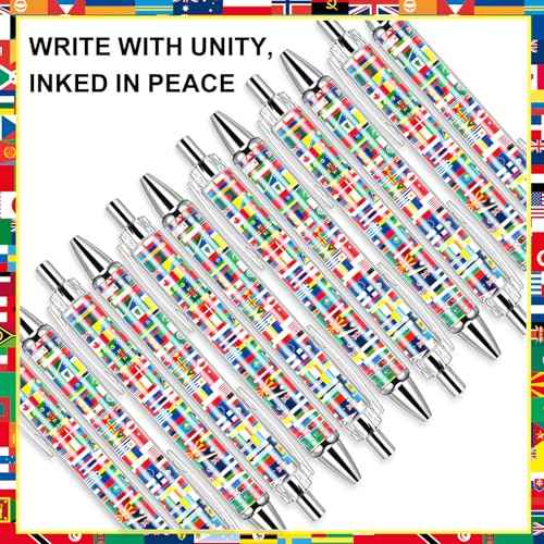 Janlaugh 100 Pcs International Flag Pens World Ballpoint Retractable Country Flags Pens Bulk Multicultural Party Favors Decoration Gift for School Sports Events Home Office Supplies