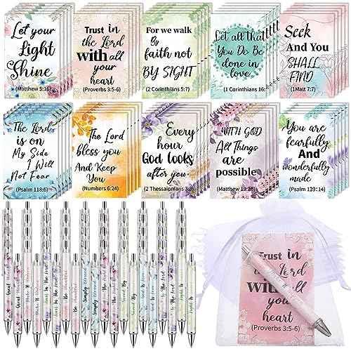 150 Pcs Christian Gift Set for Mother's Day, 50 Religious Bible Verse Pens 50 Inspirational Journal Christian Notebooks and Organza Gift Bag Church Gifts in Bulk for Women Men Prayer(Flower)