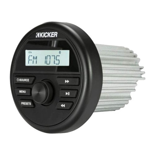 KICKER 46KMC2 Marine Bluetooth All-Weather AM/FM USB/AUX Gauge Style Media Center Receiver W/Black Cover Bundle Combo with USB/AUX 3.5MM Auxiliary Interface Adapter, Black Long Range Radio Antenna