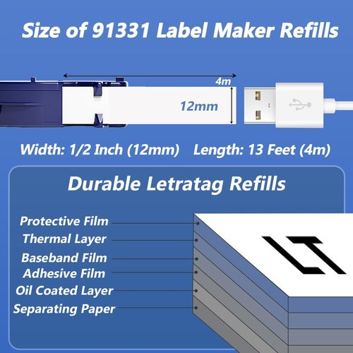 DYMO LetraTag Tape Refills - 5-Pack Black on White | 12mm x 4m (1/2" x 13ft) | Compatible with LT-100H Plus, LT-100T, LT-200B, QX50