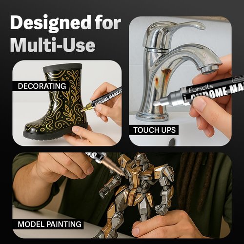 Funcils Liquid Chrome Paint Pen - 4 Dual Tip Mirror Effect Metallic Markers with 2 Silver, 1 Copper, 1 Gold | Reflective Marker for Metal, Plastic, Glass, Resin Art, DIY Crafts, Model Touch Up Paint