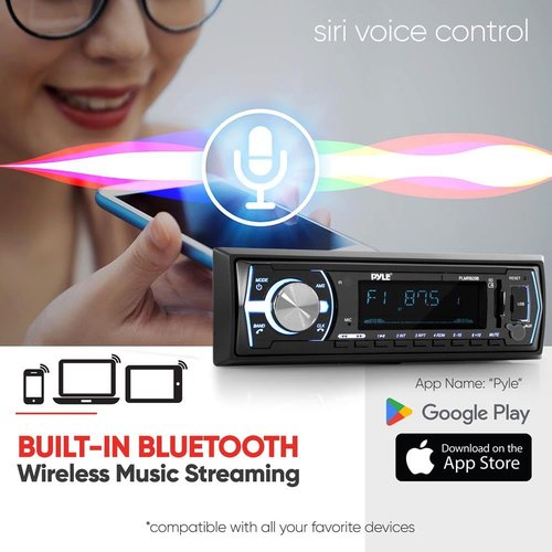 Pyle Marine Bluetooth Stereo Radio - 12v Single DIN Style Boat In dash Radio Receiver System with Built-in Mic, Digital LCD, RCA, MP3, USB, SD, AM FM Radio - Remote Control - PLMRB29B (Black)