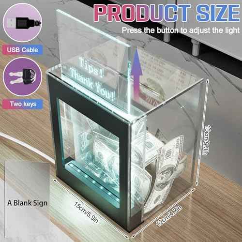 Lighted Up Tip Jar for Money with Lock and LED Light Acrylic Donation Box with Sign Holder ''Tips! Thank You!'' USB Powered Suggestion Box for Bartender Band Coffee Shop Restaurant