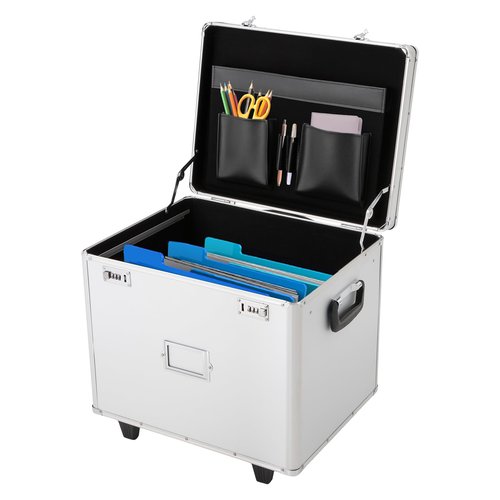 File Organizer Boxes Rolling File Boxes Portable Files Storage Box with 2 Wheels Locking Mobile Storage File Box with Telescopic Handle Three-digit Password Design (19.2*15*16in, Silver)