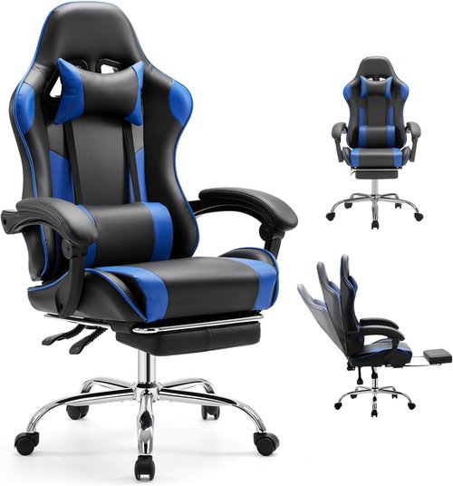 DUMOS Ergonomic Gaming Office Chair - Height Adjustable with Footrest & Headrest | Deep Blue PU Leather