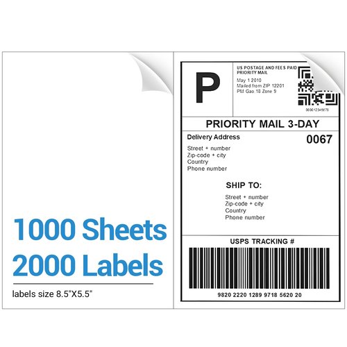 2000 Half Sheet Shipping Labels, Self Adhesive Mailing Sticker, Compatible to Laser & Inkjet Printer, 8.5” x 5.5” White, (2000 Labels/1000 Sheets)