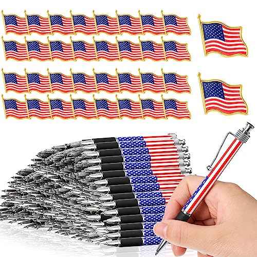 200 Pcs Veterans Day Supplies include 100 Pcs Patriotic American Flag Lapel Pins and 100 Pcs USA Patriotic Themed Ballpoint Pen 1.0mm Independence Day for Home School Office Party