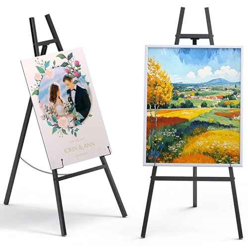 Metal Easel Stand ? Adjustable Heavy Duty Metal Display Eassel for Wedding Signs, Posters, Paintings & Commercial Displays ? Sturdy Art Easel with Secure Chain (Black)