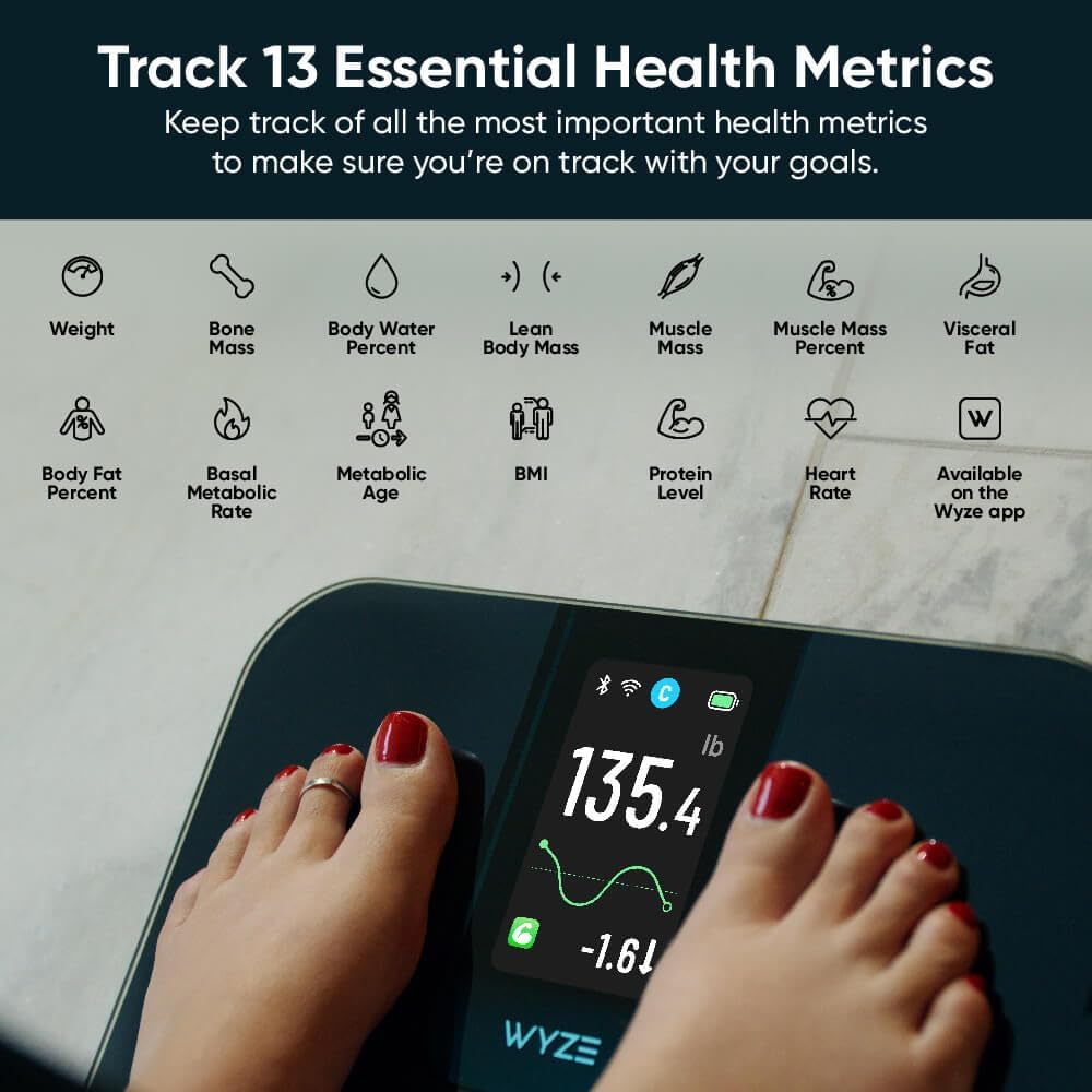 Wyze Smart Scale | Ultra Smart Digital Scale with 4.3" Color Display - Tracks Body Weight, BMI & Heart Rate, 400lbs, Black