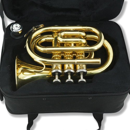 YoungMonic Pocket Trumpet Bb Flat Brass Trumpet for Beginner Student with 7C Mouthpiece Carrying Hard Case Cleaning Cloth Gloves