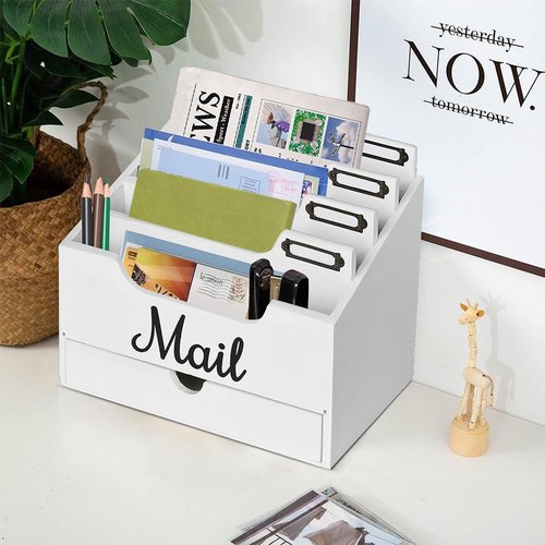 Niciksty Wood Desktop Mail Organizer, Mail Organizer Countertop with 4 Compartments and Drawer, Wood Mail Holder Sorter Organizer Holder for File Letter Paper Folder, White Wooden Desk Organizer