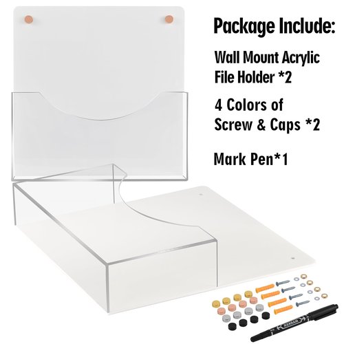 PecMuikee Wall File Organizer, Vertical Acrylic Mail Magazine Holder Wall Mount, 4 Colors of Screw Caps Included Hanging File Organizer for School, Office, Hospital, 2 Pcs