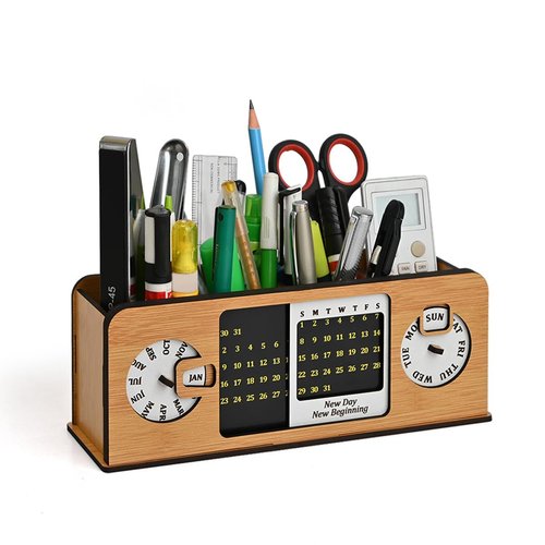 GKD MDF Wooden Desk Organizers & Pen Holder, Multi-Functional Desk Organizer for Office & Home, Eco-Friendly, Handmade Wooden Pen Stand, Perpetual Calender Wood, Gift for Students & Professionals