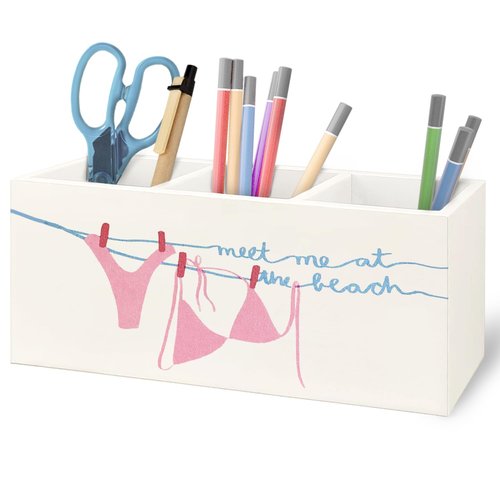URLLUAE Pink Preppy Beach Wooden Pen Pencil Holder for Office Desk Accessories, Beachy Gifts for Women, Beachy Office Decor, Meet Me at the Beach Makeup Brush Toothbrush Holder Organizer