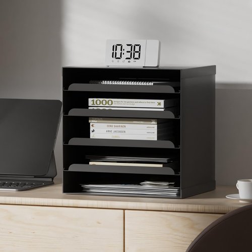 BOTALEGRE Desktop File Sorter with 4 Adjustable Shelves, Metal Desk Organizer, 12.6 x 12.6 x 9.85 inches (Black)