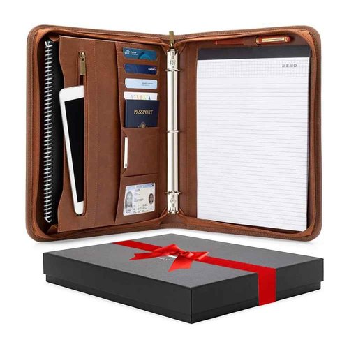 Forevermore Portfolios Portfolio Organizer - 3 Ring Binder with Notepad - 1.5 Inch Rings - Zippered Storage Pockets for Papers, Travel Documents, Presentation Folder, Cards, Passport, Tickets - Brown