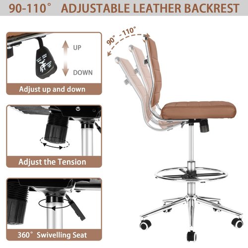 LUCKWIND Drafting Chair Tall Office Chair Ribbed - Mid-Back PU Leather Standing Desk Stool with Adjustable Foot Ring Wide Seat Tilt-Tension Rocker Lumbar Support Swivel Rolling 400lbs, Brown
