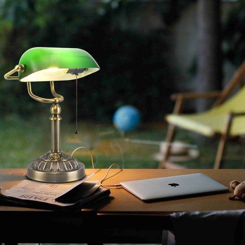 Rizzyluz Green Glass Bankers Desk Lamp, Vintage Desks Lamp with USB Charging Port, Traditional Banker's Lamp, Mid Century Desk Lamp Pull Chain for Home Office Library
