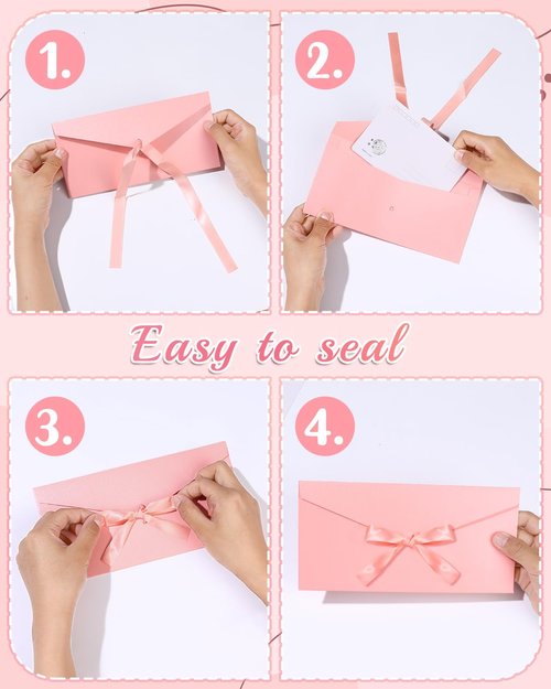 EORTA 10 Pieces Pink Envelopes with Bow Tie Closure, Paper Greeting Card Holders for Invitations Mail Postcard Bills Wedding Party Favors Business Cards, 8.66 x 4.33 Inches