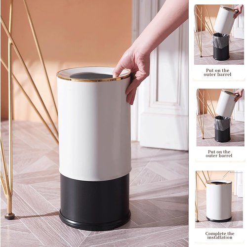 YOJIA 3.17 Gallon Round Open Top Metal Trash can, Modern Large Waste Baskets, Elegant, Gold Garbage Can, for Bathroom, Bedroom, Office, Hotel, Cafe, Business(Beige, 12L)