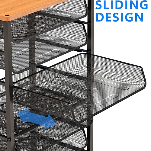 Simple Trending 12 Tier Rolling File Cart,Wood Desk File Organizer with Sliding Trays and Wetal Mesh Paper Letter Storage Multi-Functional Rolling Clutter Cart for Office, Home, School, Black