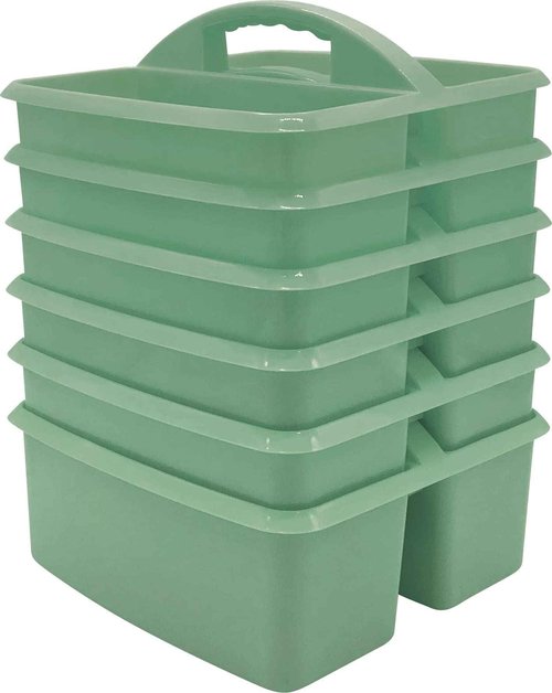 Teacher Created Resources Eucalyptus Green Portable Plastic Storage Caddy 6-Pack for Classrooms, Kids Room, and Office Organization, 3 Compartments