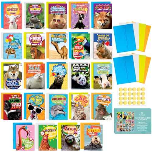 T MARIE 24 Funny Animal Joke Notecards With No Repeats - Humorous Bulk Cards Set - 4.5¡± x 6.25¡± Thinking of You Cards for Friends, Kids, Students, Teachers, Summer Camp and More