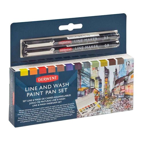 Derwent Line & Wash Paint Set, Professional Quality, Fine Line Pens, Inktense Colors, Art Supplies for Adults, Portable, Travel Set Includes 12 Paint Pans, 2 Line Makers, Mixing Palettes, Sponge