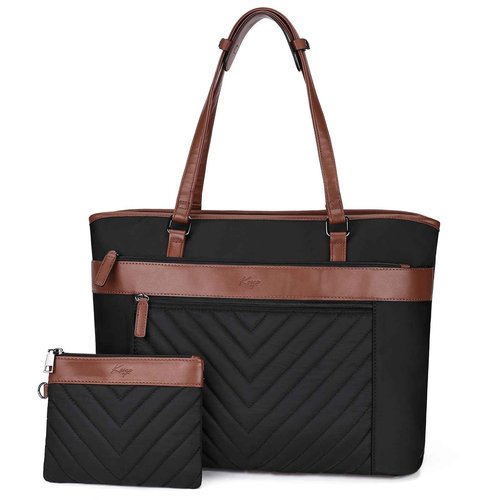 Kasqo Laptop Tote Bag for Women,15.6 Inch Computer Work Bag Water-Resistant Leather Shoulder Handbags with Clutch Purse Black-Brown